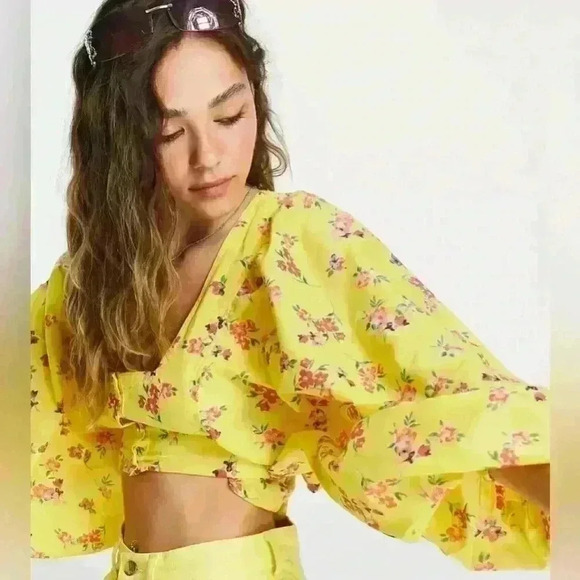 Reclaimed Vintage yellow floral button front bubble sleeve crop top - Picture 1 of 7